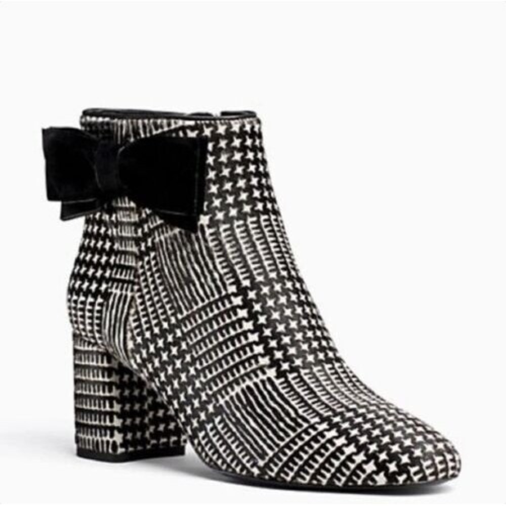 Kate Spade Holly Prince of Whales Haircalf Ankle Boots Black White Bow 9.5M NEW